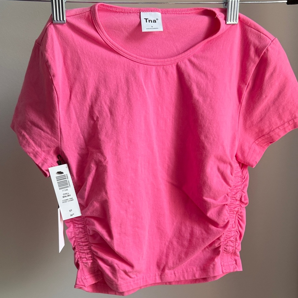 TNA Bright Pink Ruched Short Sleeve Tee